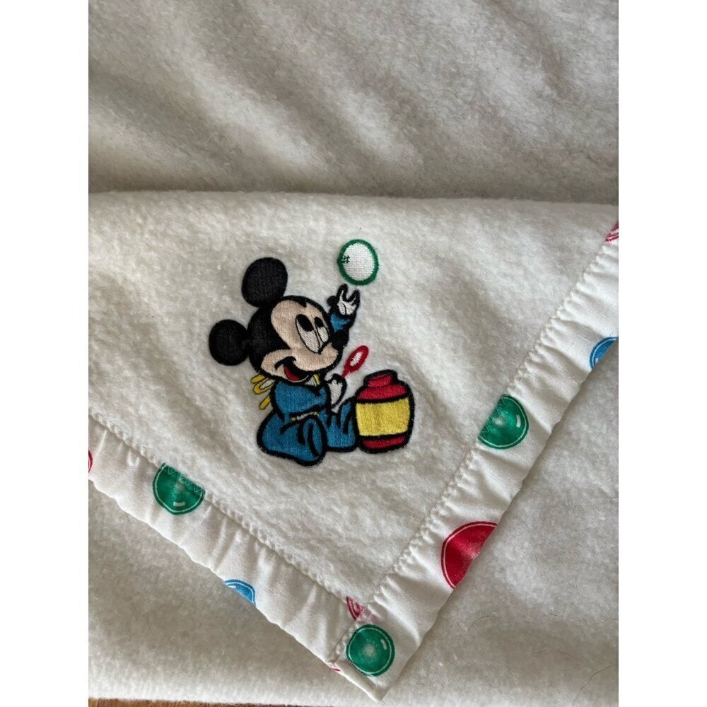 Vintage Disney Babies Mickey Mouse Embroidered White Fleece Blanket 35x45